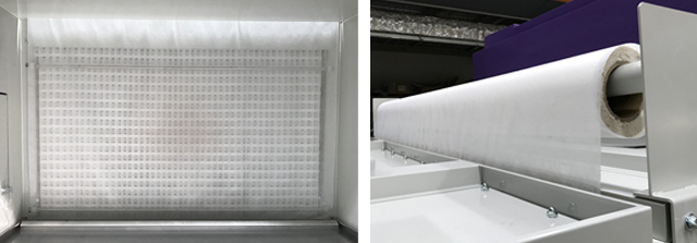 Painted side (left) Non-woven roll filter, Top of booth ceiling (right) Non-woven filter roll